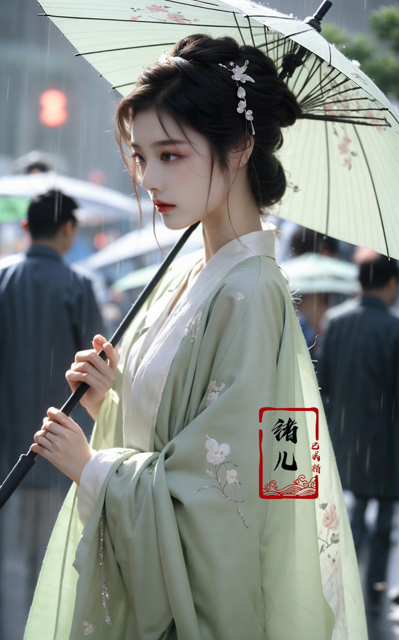 606247209521968583-2017905271-A woman holds a oil-paper umbrella on her shoulder to shelter from the rain as part of a fashion event in the style of Yue Xiaof.jpg